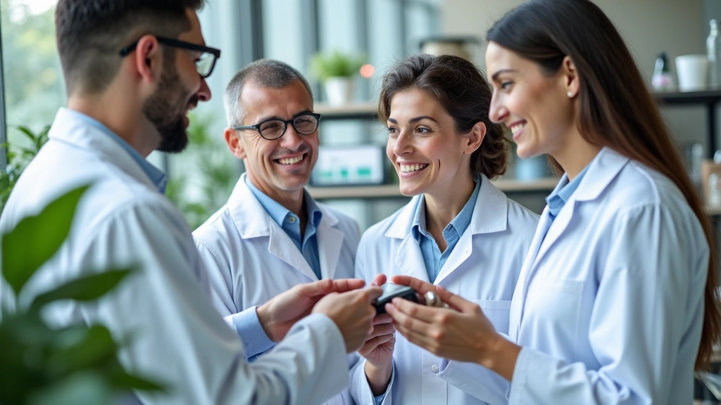 Diverse group of professionals collaborating in a clean, modern lab setting, representing the Glowthera team.