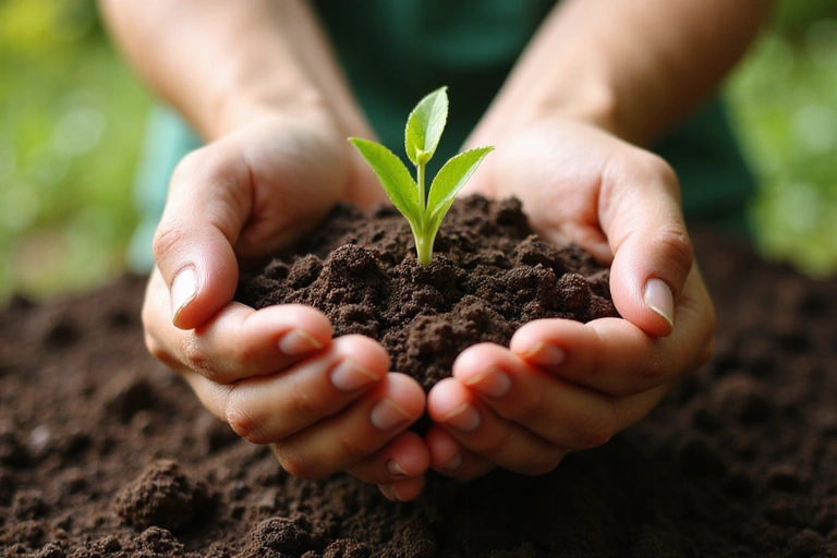 Hands gently holding a small green plant sprout, symbolizing nurturing nature and growth.