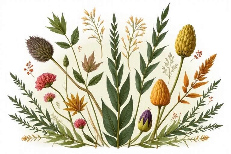 Herbal remedies and botanicals laid out, representing traditional medicine and natural healing