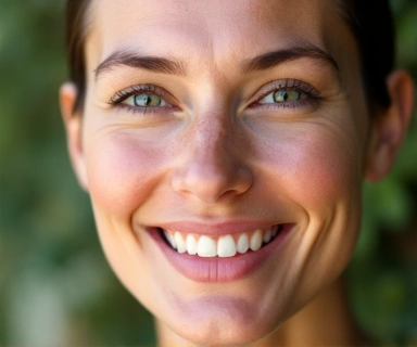Woman looking at her glowing skin