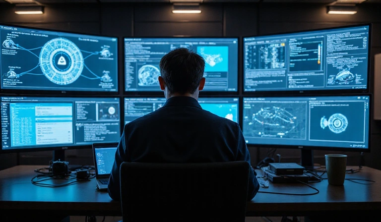 Cybersecurity expert monitoring network security on multiple screens